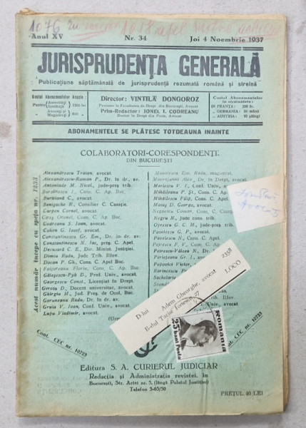 JURISPRUDENTA  GENERALA , PUBLICATIUNE SAPTAMANALA  DE JURISPRUDENTA REZUMATA  ROMANA  SI STREINA , NR. 34, 1937