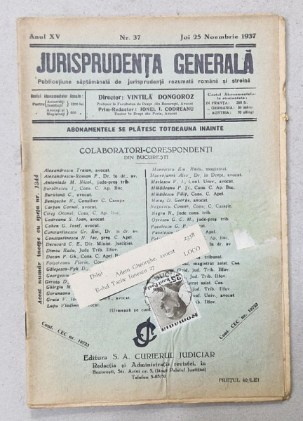 JURISPRUDENTA  GENERALA , PUBLICATIUNE SAPTAMANALA  DE JURISPRUDENTA REZUMATA  ROMANA  SI STREINA , NR. 37, 1937