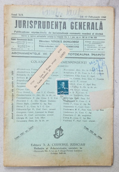 JURISPRUDENTA  GENERALA , PUBLICATIUNE SAPTAMANALA  DE JURISPRUDENTA REZUMATA  ROMANA  SI STREINA , NR. 6 , 1941