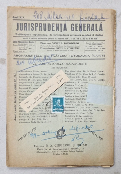 JURISPRUDENTA  GENERALA , PUBLICATIUNE SAPTAMANALA  DE JURISPRUDENTA REZUMATA  ROMANA  SI STREINA , NR. 7 , 1941