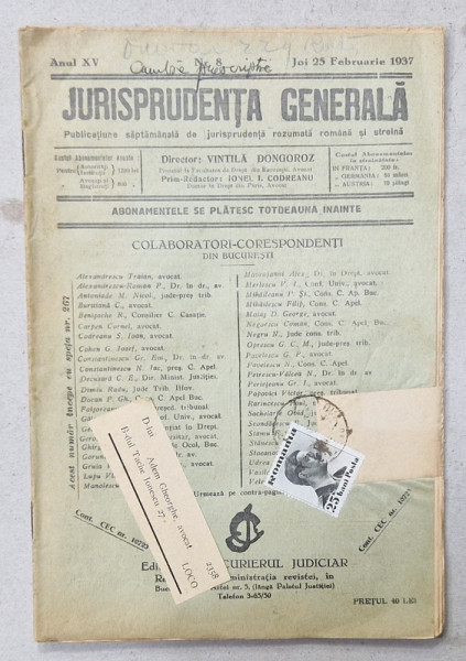 JURISPRUDENTA  GENERALA , PUBLICATIUNE SAPTAMANALA  DE JURISPRUDENTA REZUMATA  ROMANA  SI STREINA , NR. 8, 1937