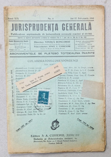 JURISPRUDENTA  GENERALA , PUBLICATIUNE SAPTAMANALA  DE JURISPRUDENTA REZUMATA  ROMANA  SI STREINA , NR. 8 , 1941