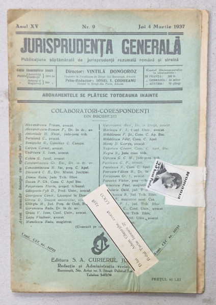 JURISPRUDENTA  GENERALA , PUBLICATIUNE SAPTAMANALA  DE JURISPRUDENTA REZUMATA  ROMANA  SI STREINA , NR. 9, 1937