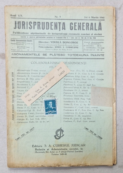 JURISPRUDENTA  GENERALA , PUBLICATIUNE SAPTAMANALA  DE JURISPRUDENTA REZUMATA  ROMANA  SI STREINA , NR. 9 , 1941