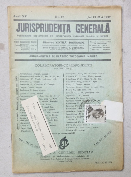 JURISPRUDENTA  GENERALA , PUBLICATIUNE SAPTAMANALA  DE JURISPRUDENTA REZUMATA  ROMANA  SI STREINA , NR.17, 1937