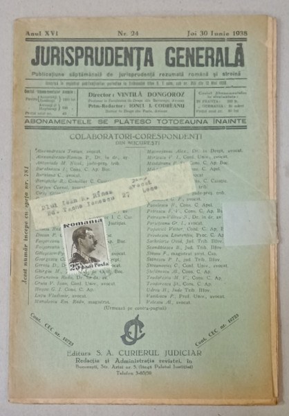 JURISPRUDENTA  GENERALA , PUBLICATIUNE SAPTAMANALA  DE JURISPRUDENTA  REZUMATA   ROMANA  SI STREINA , NR.24 , 1938