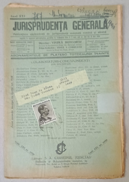 JURISPRUDENTA  GENERALA , PUBLICATIUNE SAPTAMANALA  DE JURISPRUDENTA  REZUMATA   ROMANA  SI STREINA , NR.25 , 1938