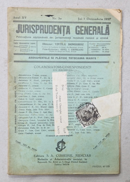 JURISPRUDENTA  GENERALA , PUBLICATIUNE SAPTAMANALA  DE JURISPRUDENTA REZUMATA  ROMANA  SI STREINA , NR.30, 1937