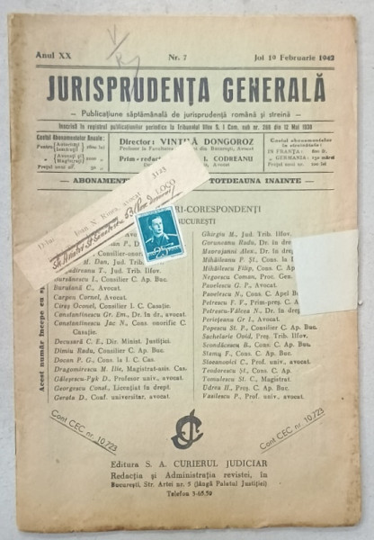 JURISPRUDENTA  GENERALA , PUBLICATIUNE SAPTAMANALA  DE JURISPRUDENTA  REZUMATA   ROMANA  SI STREINA , NR.34 , 1938