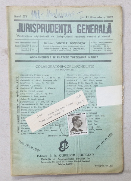 JURISPRUDENTA  GENERALA , PUBLICATIUNE SAPTAMANALA  DE JURISPRUDENTA REZUMATA  ROMANA  SI STREINA , NR.35, 1937