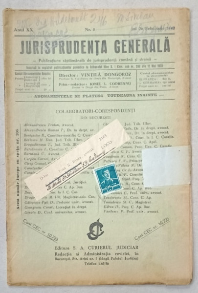 JURISPRUDENTA  GENERALA , PUBLICATIUNE SAPTAMANALA  DE JURISPRUDENTA  REZUMATA   ROMANA  SI STREINA , NR.35 , 1938