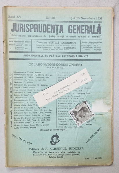 JURISPRUDENTA  GENERALA , PUBLICATIUNE SAPTAMANALA  DE JURISPRUDENTA REZUMATA  ROMANA  SI STREINA , NR.36, 1937