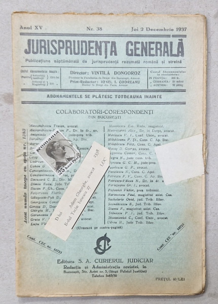 JURISPRUDENTA  GENERALA , PUBLICATIUNE SAPTAMANALA  DE JURISPRUDENTA REZUMATA  ROMANA  SI STREINA , NR.38, 1937