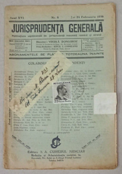 JURISPRUDENTA  GENERALA , PUBLICATIUNE SAPTAMANALA  DE JURISPRUDENTA  REZUMATA   ROMANA  SI STREINA , NR.8 , 1938