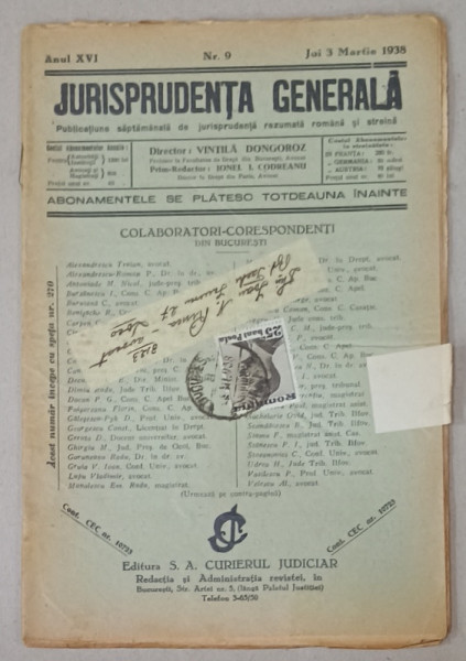 JURISPRUDENTA  GENERALA , PUBLICATIUNE SAPTAMANALA  DE JURISPRUDENTA  REZUMATA   ROMANA  SI STREINA , NR.9 , 1938