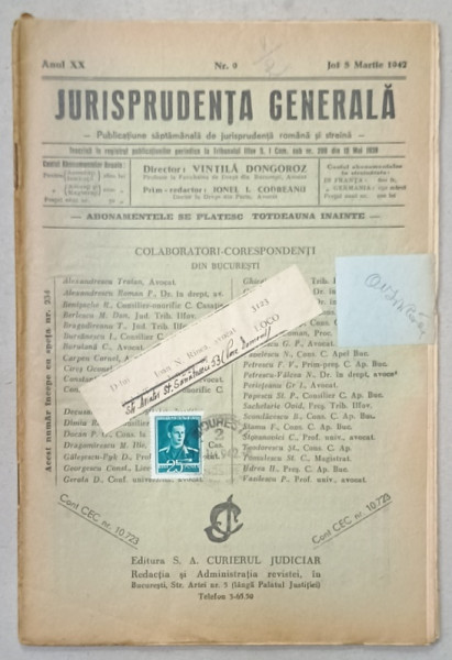 JURISPRUDENTA  GENERALA , PUBLICATIUNE SAPTAMANALA  DE JURISPRUDENTA  REZUMATA   ROMANA  SI STREINA , NR.9 , 1942