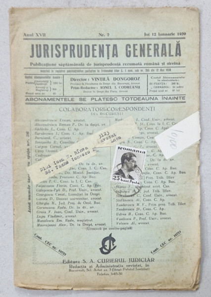 JURISPRUDENTA  GENERALA , PUBLICATIUNE SAPTAMANALA  DE JURISPRUDENTA   ROMANA  SI STREINA , NR.2 , 1939