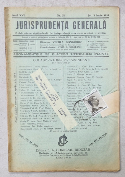 JURISPRUDENTA  GENERALA , PUBLICATIUNE SAPTAMANALA  DE JURISPRUDENTA   ROMANA  SI STREINA , NR.22 , 1939