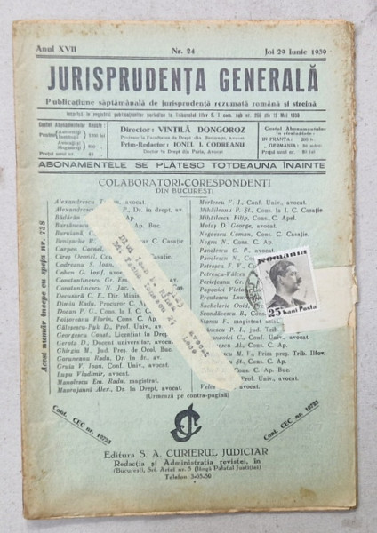 JURISPRUDENTA  GENERALA , PUBLICATIUNE SAPTAMANALA  DE JURISPRUDENTA   ROMANA  SI STREINA , NR.24 , 1939