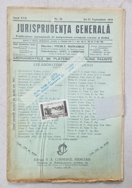 JURISPRUDENTA  GENERALA , PUBLICATIUNE SAPTAMANALA  DE JURISPRUDENTA   ROMANA  SI STREINA , NR.28 , 1939