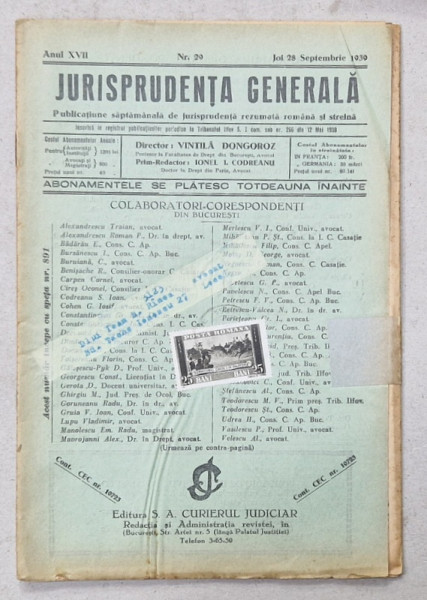 JURISPRUDENTA  GENERALA , PUBLICATIUNE SAPTAMANALA  DE JURISPRUDENTA   ROMANA  SI STREINA , NR.29 , 1939