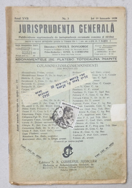 JURISPRUDENTA  GENERALA , PUBLICATIUNE SAPTAMANALA  DE JURISPRUDENTA   ROMANA  SI STREINA , NR.3, 1939