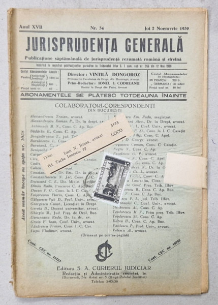 JURISPRUDENTA  GENERALA , PUBLICATIUNE SAPTAMANALA  DE JURISPRUDENTA   ROMANA  SI STREINA , NR.34 , 1939