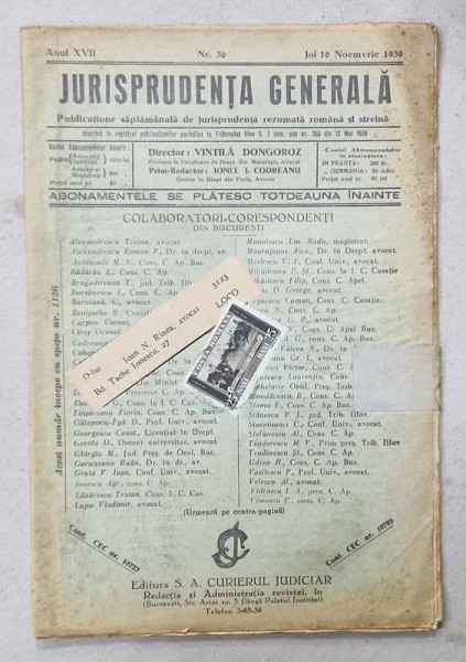 JURISPRUDENTA  GENERALA , PUBLICATIUNE SAPTAMANALA  DE JURISPRUDENTA   ROMANA  SI STREINA , NR.36 , 1939