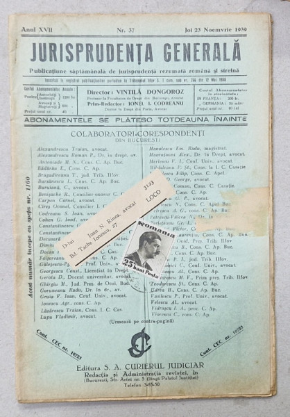 JURISPRUDENTA  GENERALA , PUBLICATIUNE SAPTAMANALA  DE JURISPRUDENTA   ROMANA  SI STREINA , NR.37 , 1939