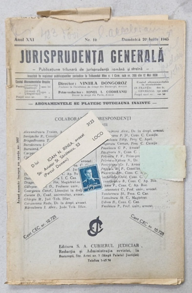 JURISPRUDENTA GENERALA , PUBLICATIUNE TRILUNARA DE JURISPRUDENTA ROMANA SI STRAINA , NR. 16 , 1943