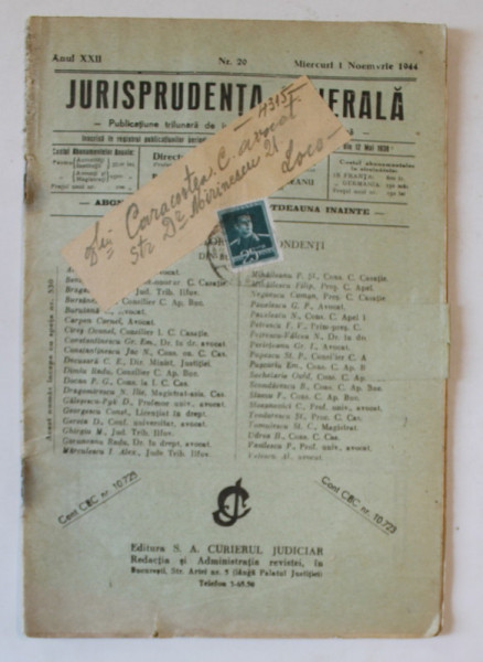 JURISPRUDENTA GENERALA , PUBLICATIUNE TRILUNARA DE JURISPRUDENTA ROMANA SI STREINA , NR. 20 , 1 NOIEMBRIE , 1944