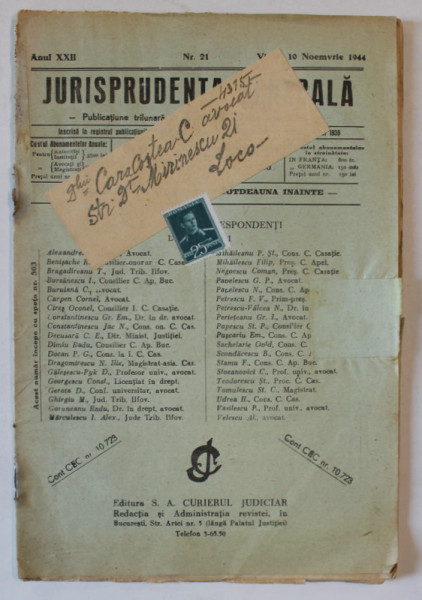 JURISPRUDENTA GENERALA , PUBLICATIUNE TRILUNARA DE JURISPRUDENTA ROMANA SI STREINA , NR. 21 , 10 , NOIEMBRIE , 1944