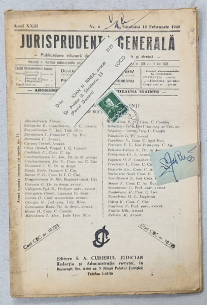 JURISPRUDENTA  GENERALA , PUBLICATIUNE TRILUNARA   DE JURISPRUDENTA   ROMANA  SI STREINA , NR . 4, 1945