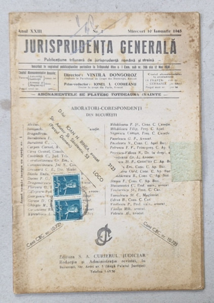 JURISPRUDENTA  GENERALA , PUBLICATIUNE TRILUNARA   DE JURISPRUDENTA   ROMANA  SI STREINA , NR.1, 1945