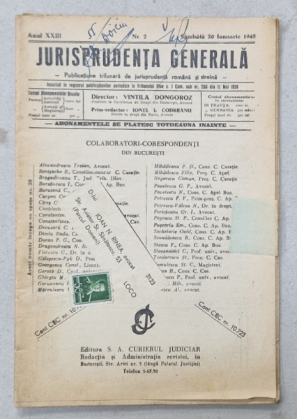 JURISPRUDENTA  GENERALA , PUBLICATIUNE TRILUNARA   DE JURISPRUDENTA   ROMANA  SI STREINA , NR.2, 1945