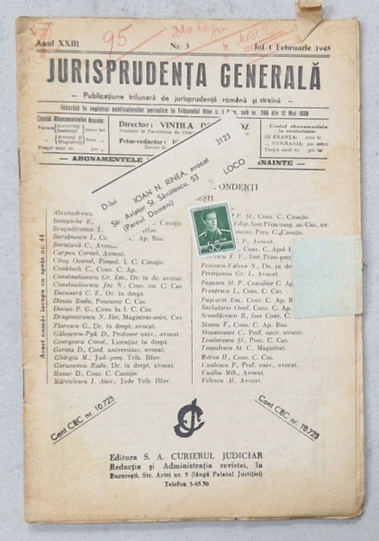 JURISPRUDENTA  GENERALA , PUBLICATIUNE TRILUNARA   DE JURISPRUDENTA   ROMANA  SI STREINA , NR.3, 1945