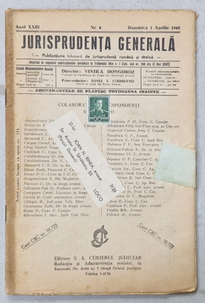 JURISPRUDENTA  GENERALA , PUBLICATIUNE TRILUNARA   DE JURISPRUDENTA   ROMANA  SI STREINA , NR.8, 1945