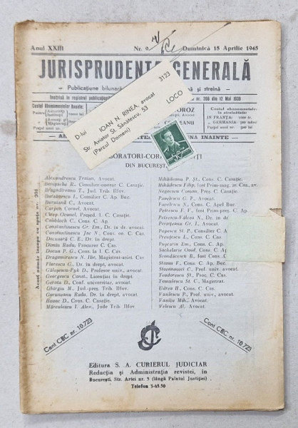 JURISPRUDENTA  GENERALA , PUBLICATIUNE TRILUNARA   DE JURISPRUDENTA   ROMANA  SI STREINA , NR.9, 1945