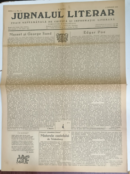 JURNALUL LITERAR , FOAIE SAPTAMANALA DE CRITICA SI INFORMARE LITERARA , No. 14 , 1939