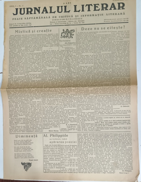JURNALUL LITERAR , FOAIE SAPTAMANALA DE CRITICA SI INFORMARE LITERARA , No. 2 , 1939