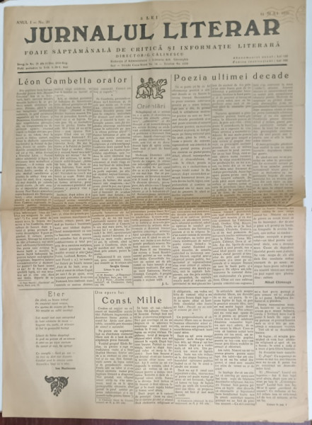 JURNALUL LITERAR , FOAIE SAPTAMANALA DE CRITICA SI INFORMARE LITERARA , No. 20 , 1939