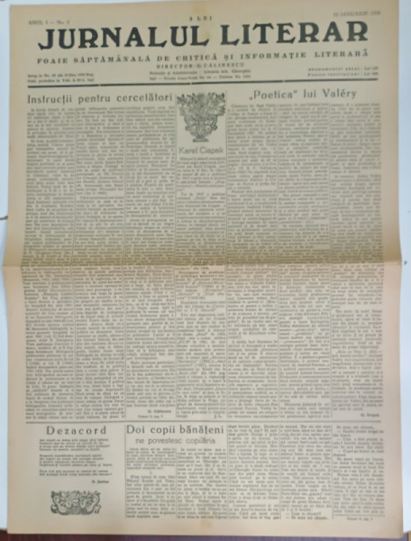 JURNALUL LITERAR , FOAIE SAPTAMANALA DE CRITICA SI INFORMARE LITERARA , No. 3 , 1939