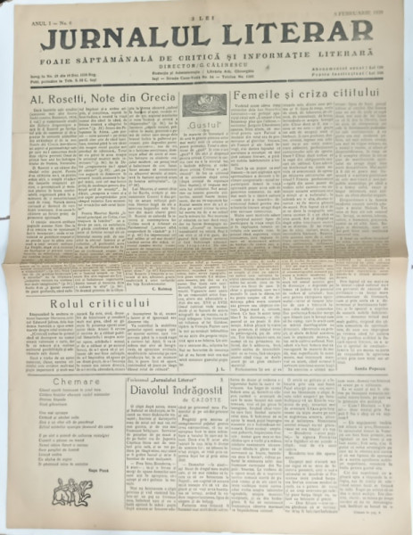 JURNALUL LITERAR , FOAIE SAPTAMANALA DE CRITICA SI INFORMARE LITERARA , No. 6 , 1939