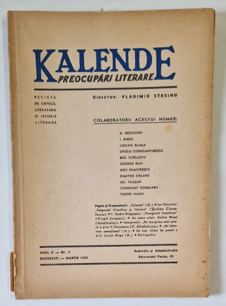 KALENDE , PREOCUPARI LITERARE , ANUL II , NUMARUL 3 , MARTIE , 1943