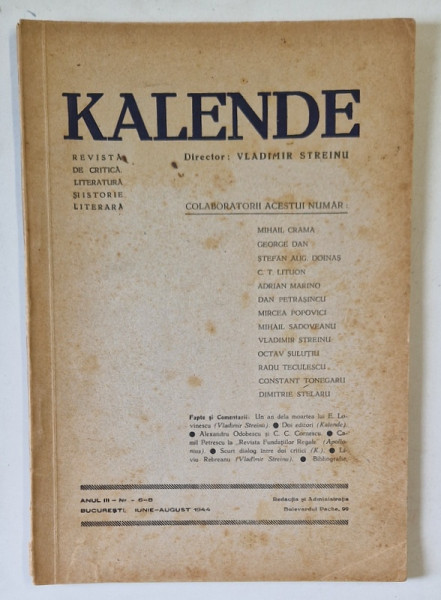 KALENDE , REVISTA DE CRITICA , ANUL III , NUMERELE 6 - 8 , IUNIE - AUGUST , 1944