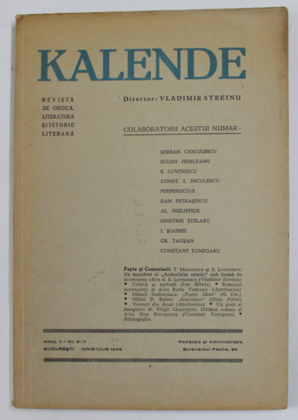 KALENDE  -REVISTA DE CRITICA , LITERATURA SI ISTORIE LITERARA , ANUL II  - NR. 6-7 , IUNIE - IULIE 1943