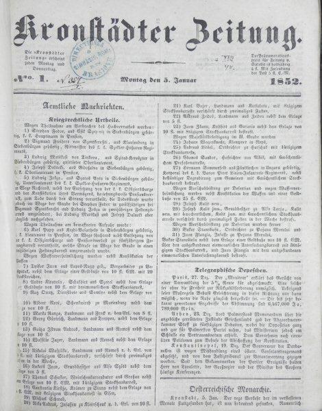 KRONSTADER ZEITUNG  1852