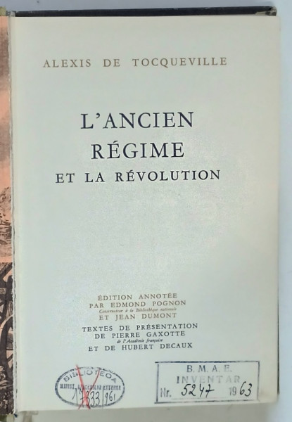 L ' ANCIEN REGIME ET LA REVOLUTION par ALEXIS DE TOCQUEVILLE , 1960
