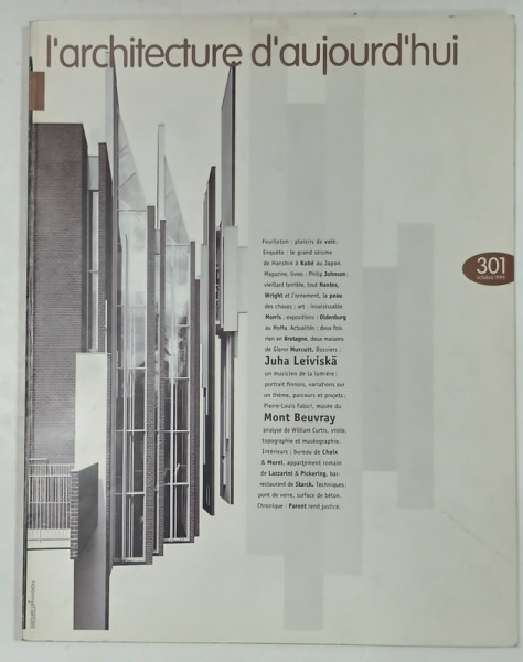 L 'ARCHITECTURE D 'AUJOURD ' HUI , SUBJET :JUHA LEIVISKA - MONT BEUVRAY   , no. 301 , 1995, REVISTA  FRANCEZA DE ARHITECTURA