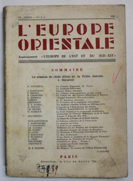 L 'EUROPE ORIENTALE , REVUE MENSUElLE , VI e ANNEE , No. 3-4 , 1936 , TEXT IN LIMBA FRANCEZA